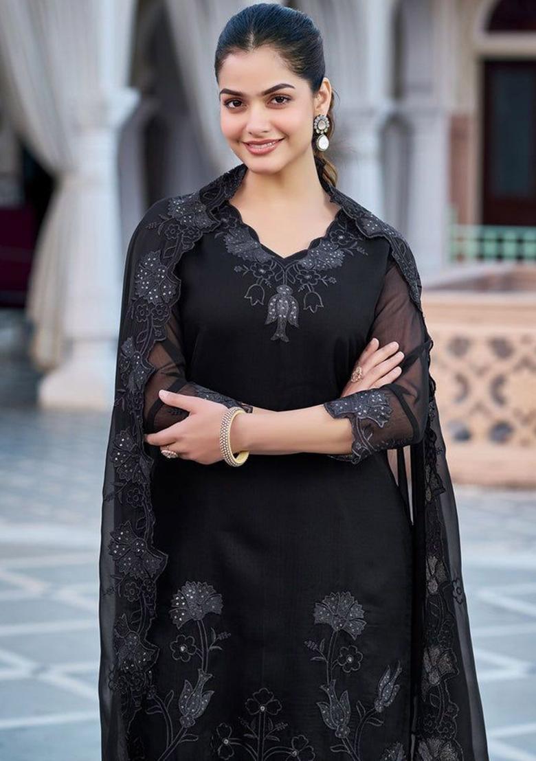 Black Embroidered Georgette Kurta Set - Indya