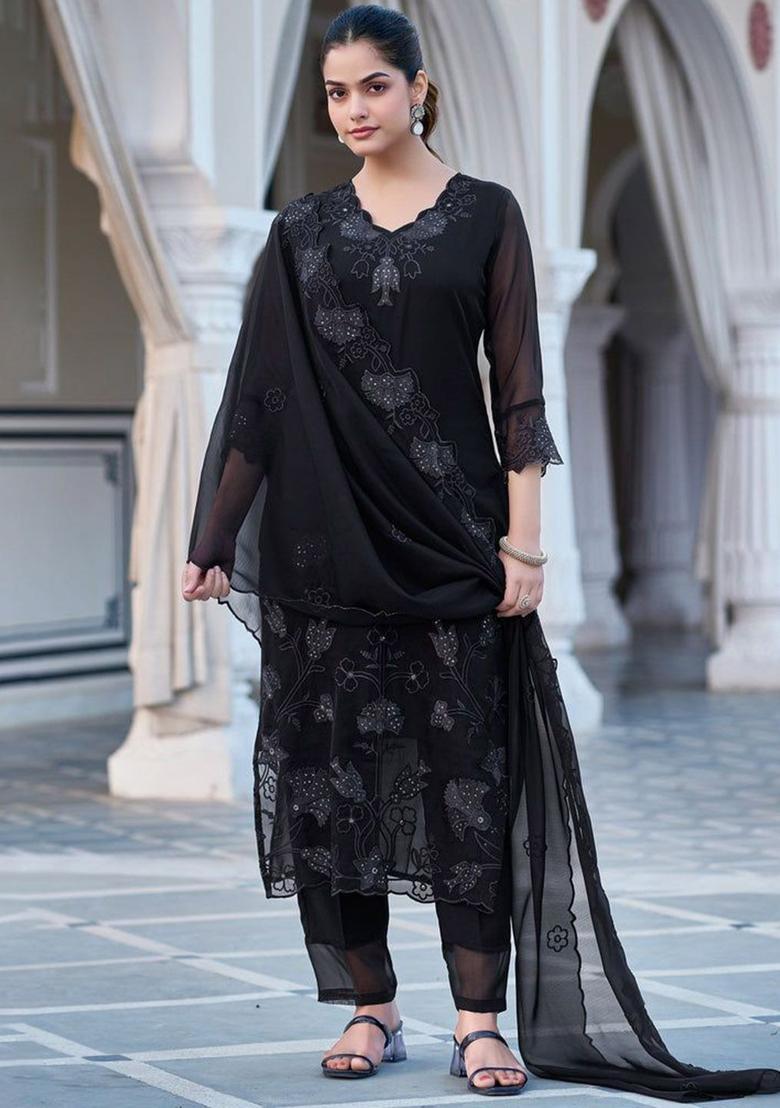 Black Embroidered Georgette Kurta Set - Indya