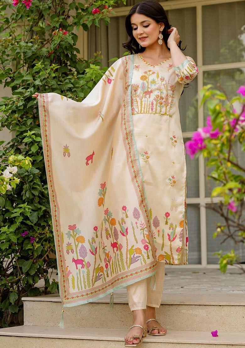 Cream Embroidered Silk Kurta Set - Indya
