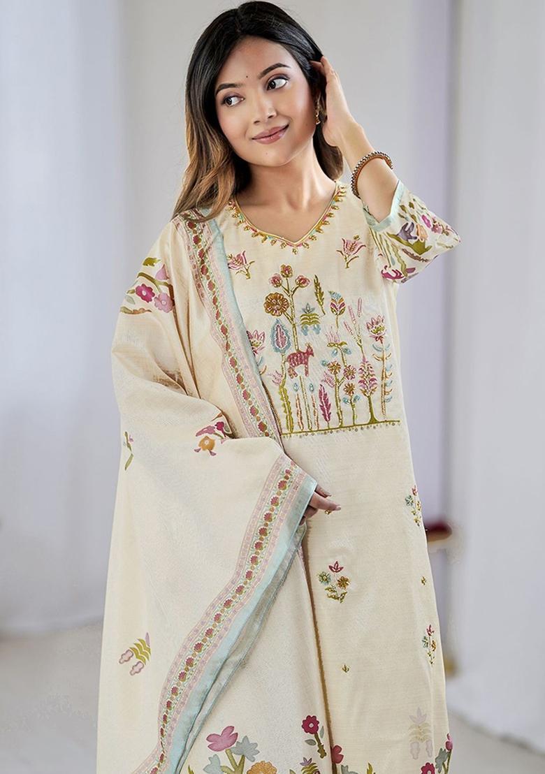 Cream Printed Silk Kurta Set - Indya