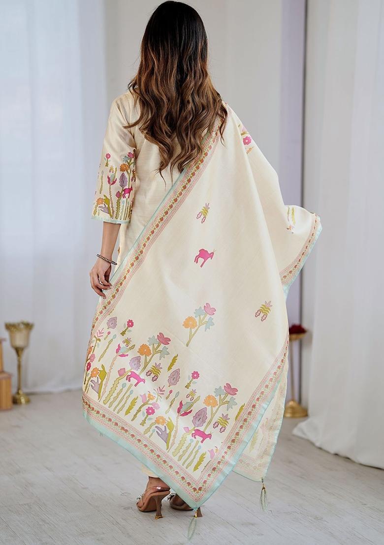 Cream Printed Silk Kurta Set - Indya