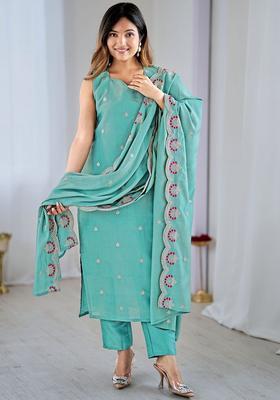 Green Woven Design Silk Kurta Set