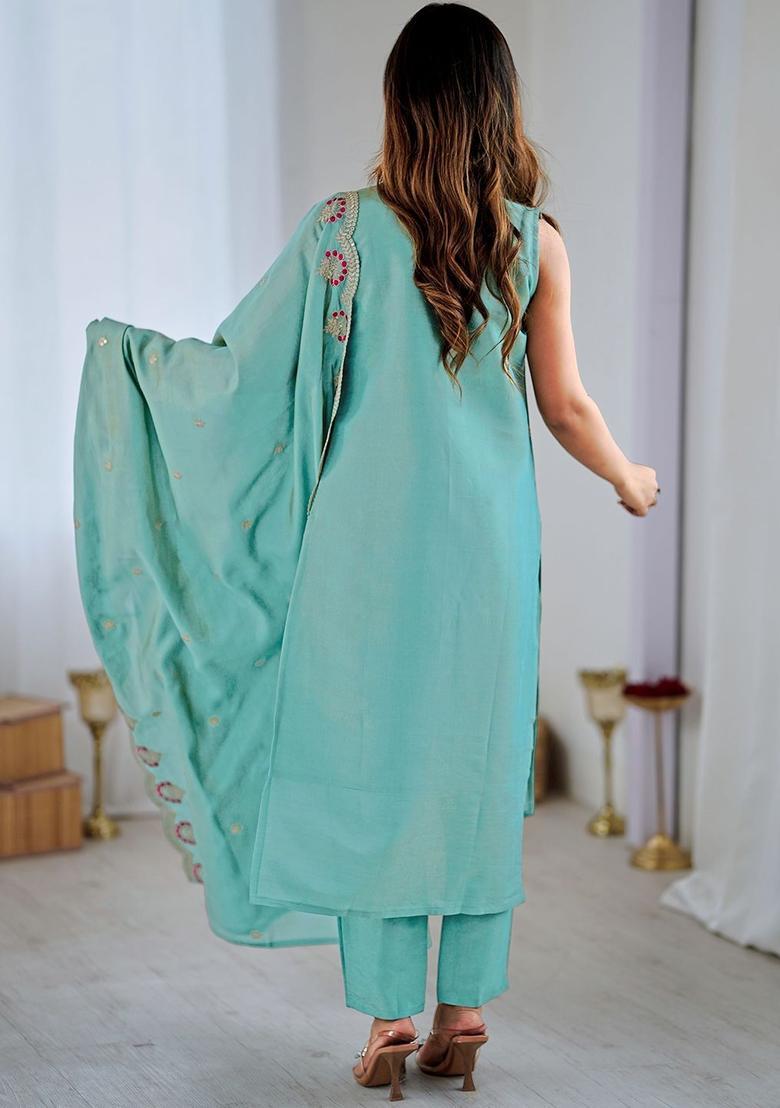 Green Woven Design Silk Kurta Set - Indya