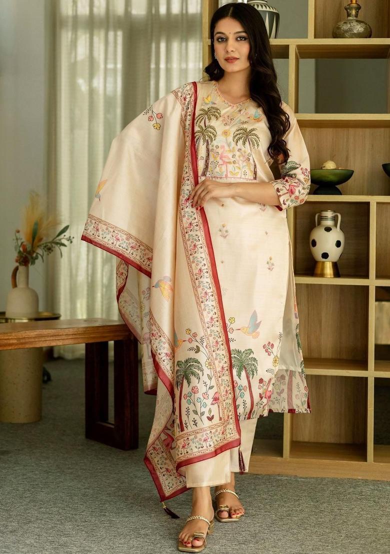 Cream Embroidered Silk Kurta Set - Indya