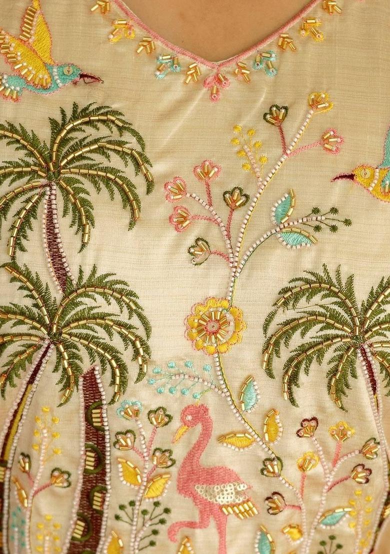 Cream Embroidered Silk Kurta Set - Indya
