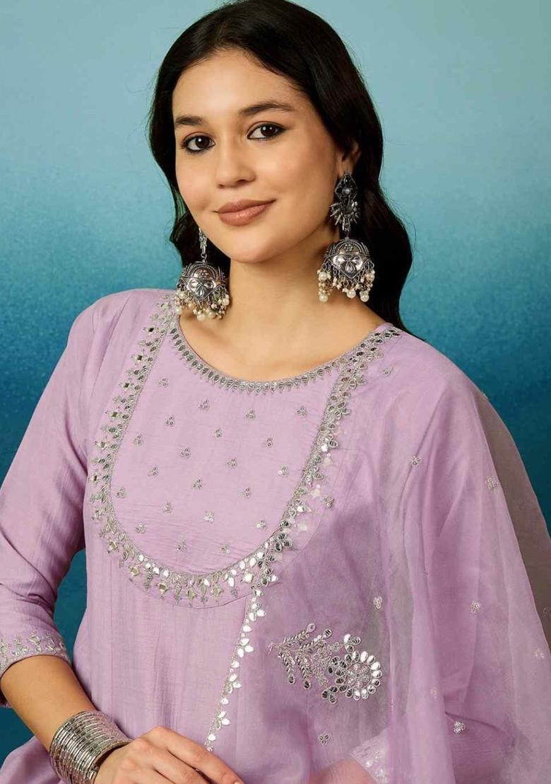 Lavender Yoke Design Silk Kurta Set - Indya