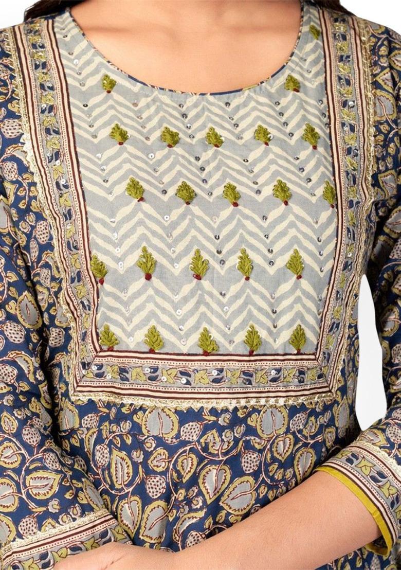 Blue Printed Cotton Anarkali Set - Indya