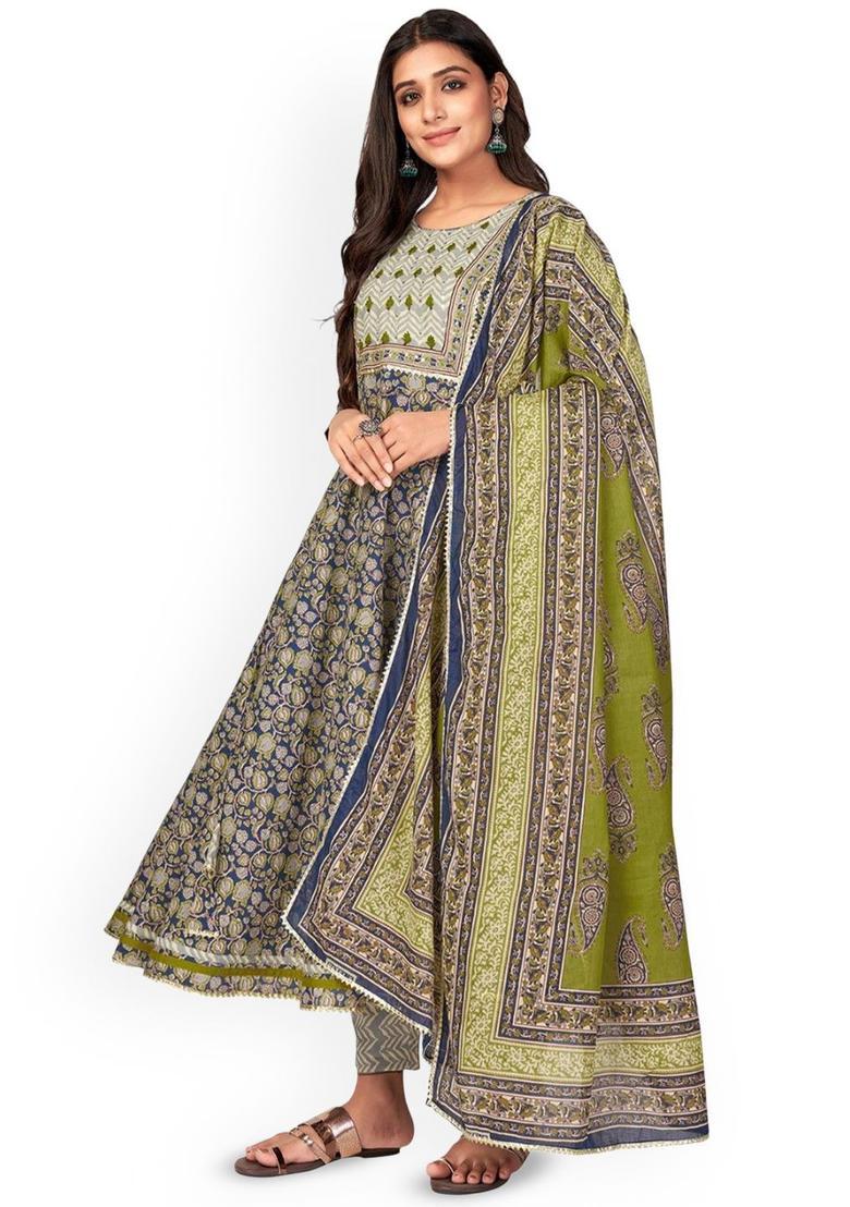 Blue Printed Cotton Anarkali Set - Indya