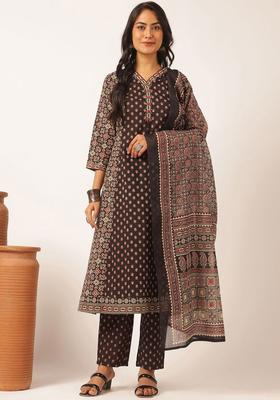 Black Printed Cotton Kurta Set