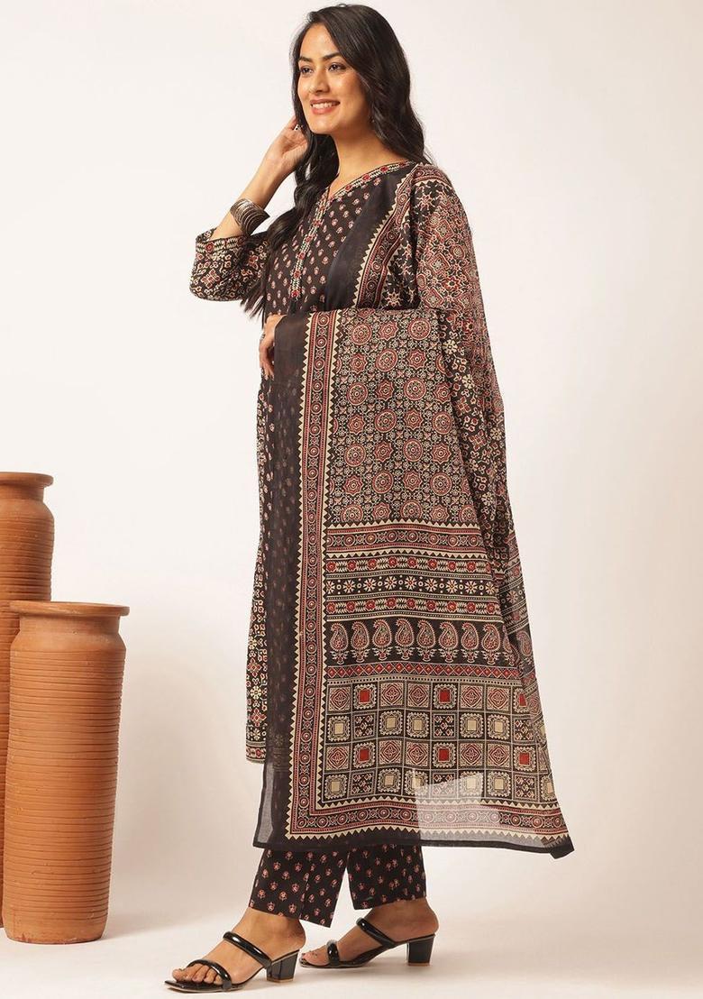 Black Printed Cotton Kurta Set - Indya