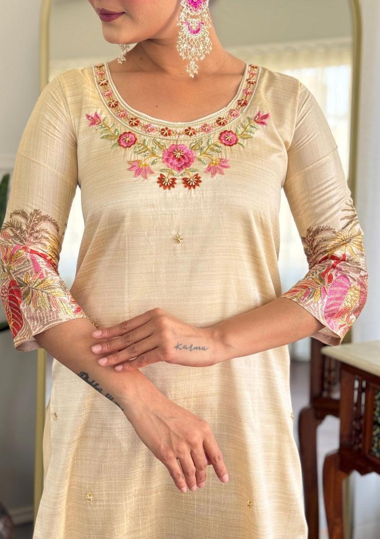 Cream Embroidered Viscose Kurta Set - Indya