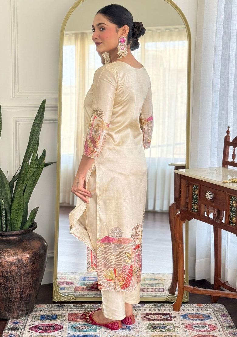 Cream Embroidered Viscose Kurta Set - Indya
