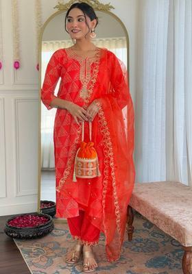 Red Yoke Design Silk Kurta Set