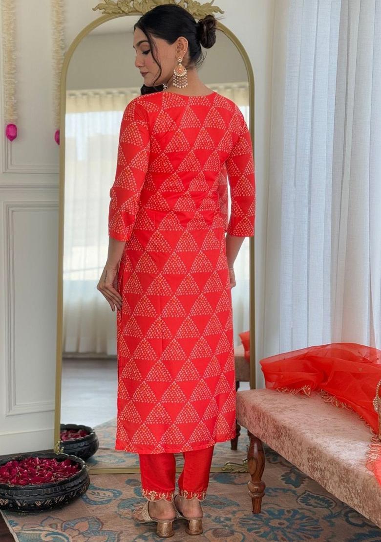 Red Yoke Design Silk Kurta Set - Indya