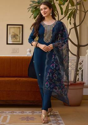 Navy Blue Embroidered Silk Kurta Set