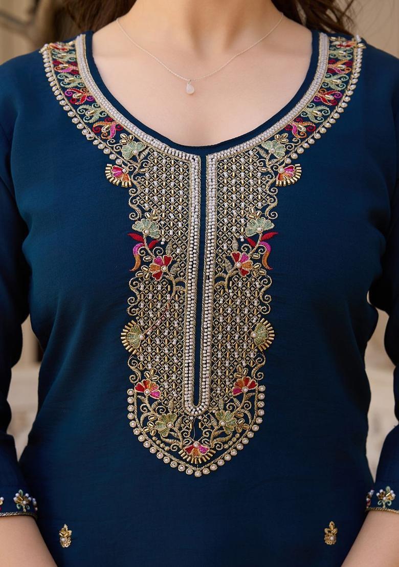 Navy Blue Embroidered Silk Kurta Set - Indya