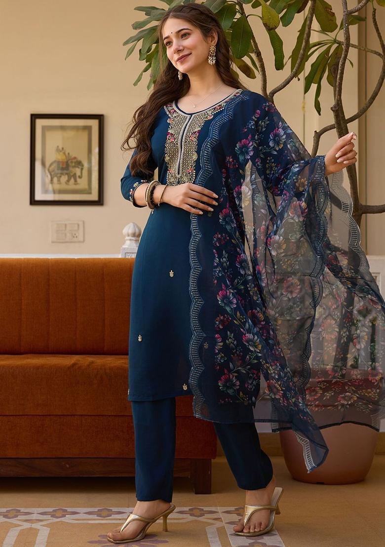 Navy Blue Embroidered Silk Kurta Set - Indya