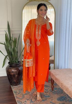 Orange Embroidered Viscose Kurta Set