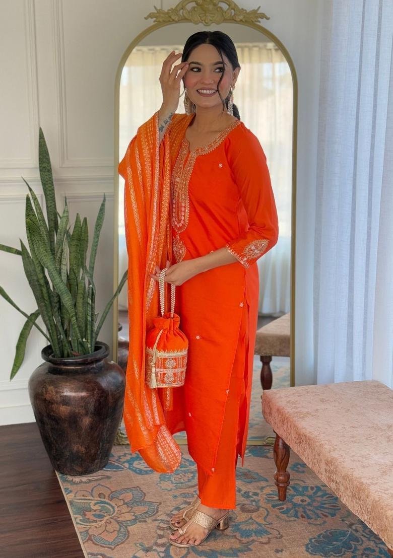 Orange Embroidered Viscose Kurta Set - Indya