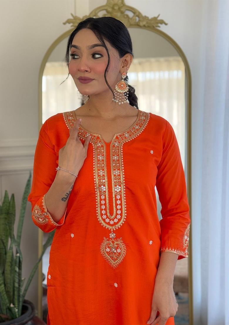 Orange Embroidered Viscose Kurta Set - Indya
