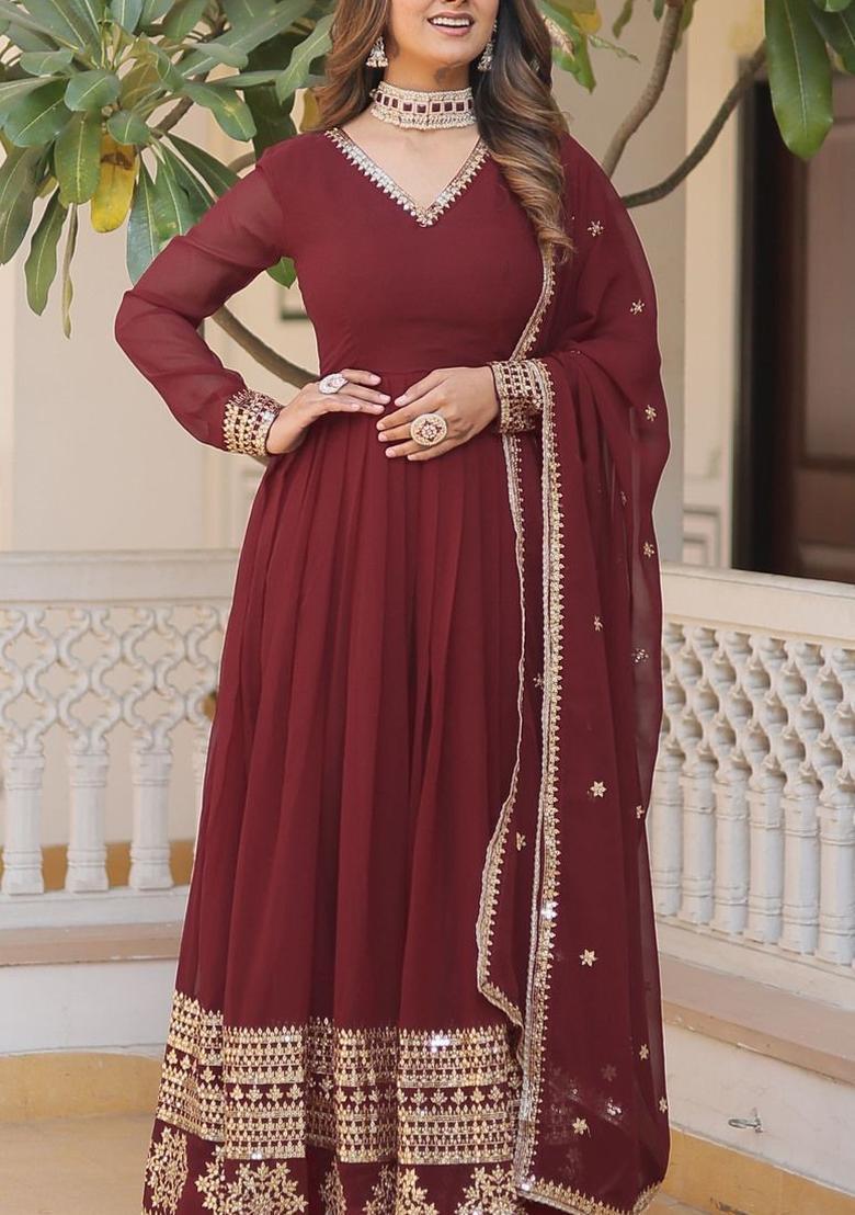 Maroon Embroidered Georgette Kurta Set - Indya