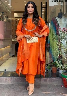 Orange Embroidered Silk Kurta Set