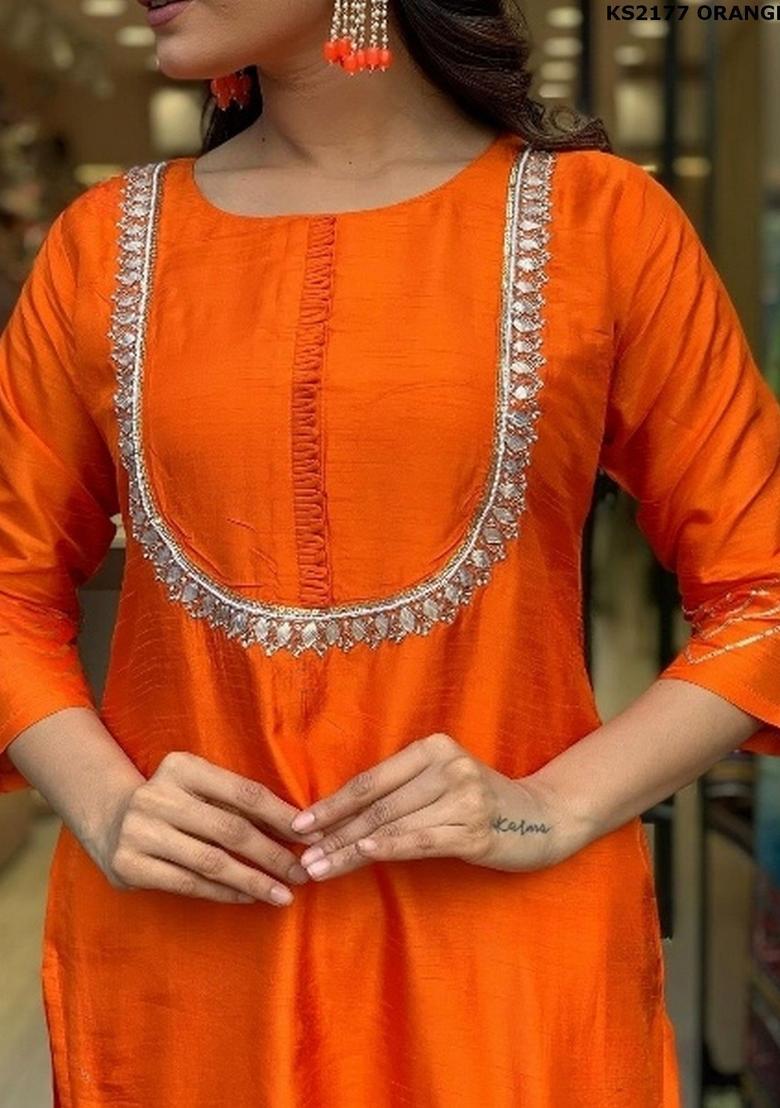 Orange Embroidered Silk Kurta Set - Indya