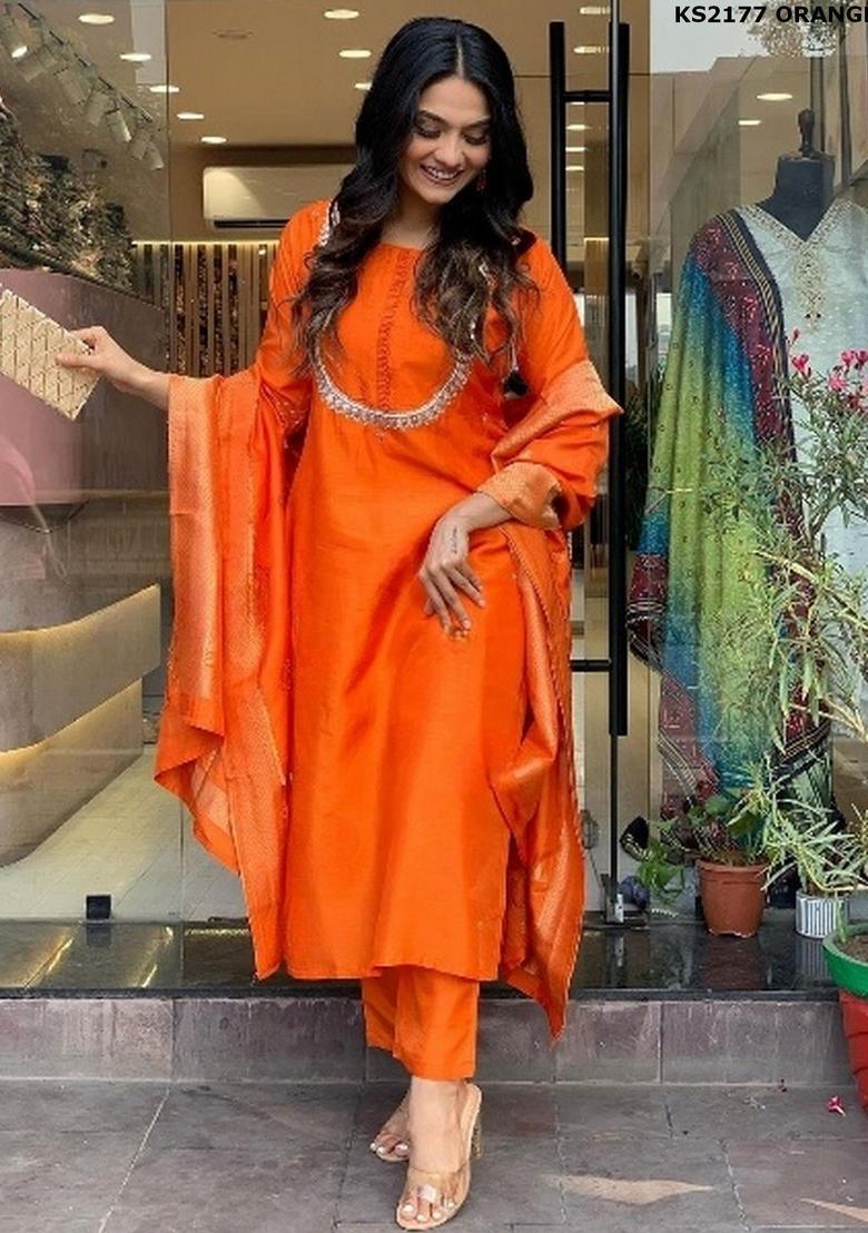 Orange Embroidered Silk Kurta Set - Indya