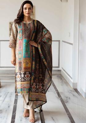 Green Embroidered Tissue Kurta Set