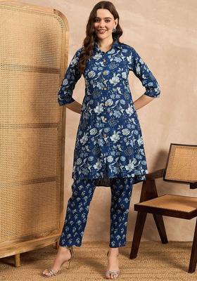 Blue Printed Viscose Kurta Set