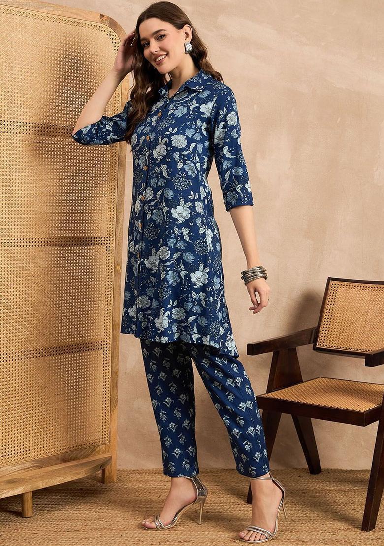 Blue Printed Viscose Kurta Set - Indya
