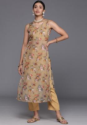 Beige Printed Silk Kurta Set