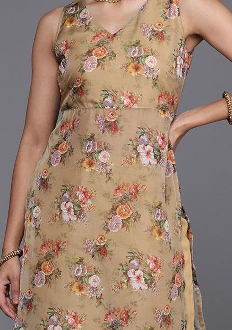 Beige Printed Silk Kurta Set - Indya