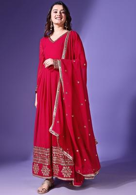 Red Embroidered Georgette Anarkali Set