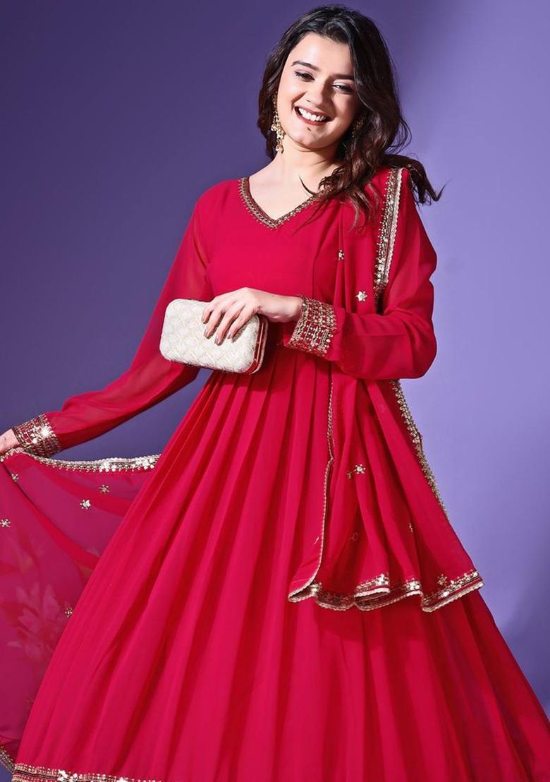 Red Embroidered Georgette Anarkali Set - Indya