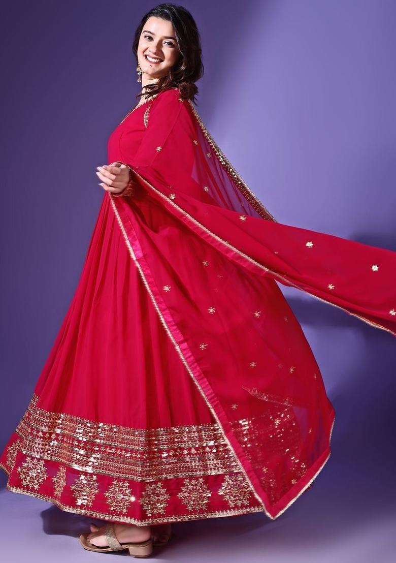 Red Embroidered Georgette Anarkali Set - Indya