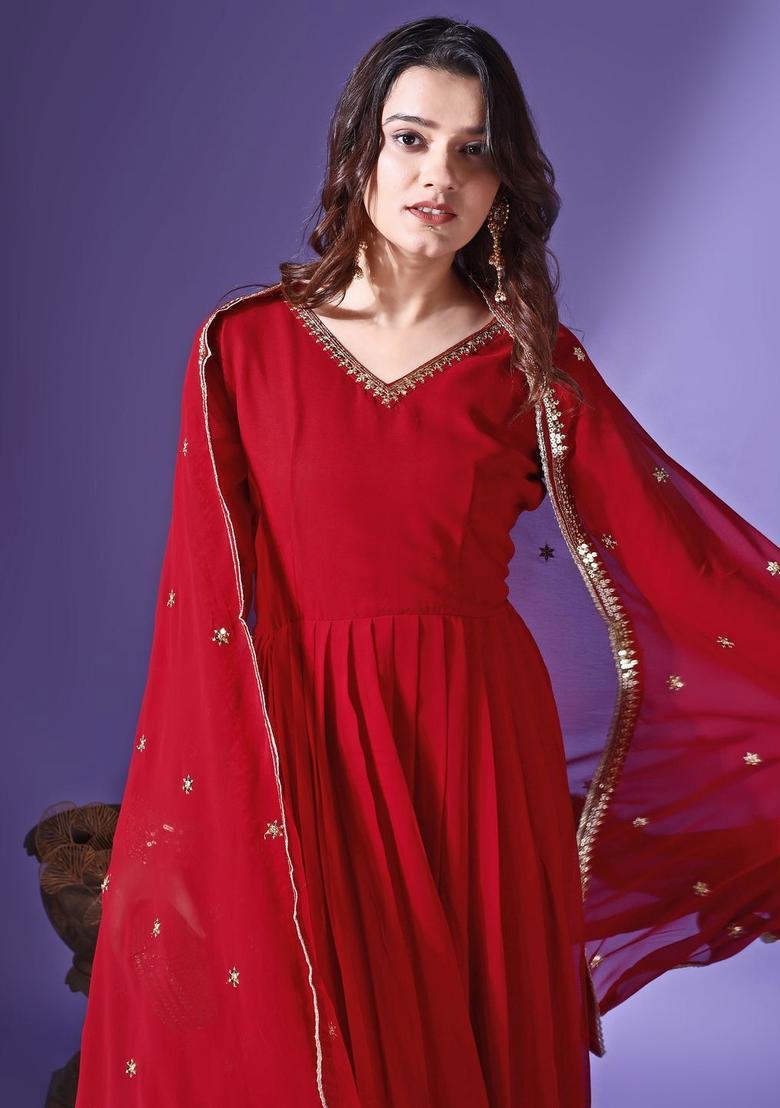 Maroon Embroidered Georgette Anarkali Set - Indya