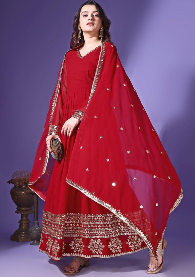 Maroon Embroidered Georgette Anarkali Set - Indya