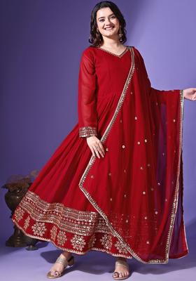 Maroon Embroidered Georgette Kurta Set