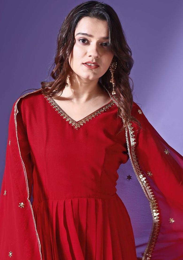 Maroon Embroidered Georgette Kurta Set - Indya