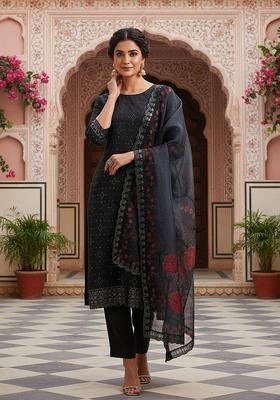 Black Embroidered Organza Kurta Set