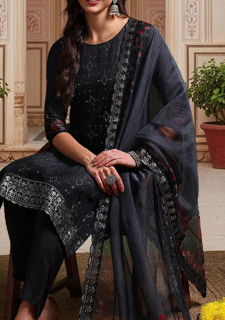 Black Embroidered Organza Kurta Set - Indya