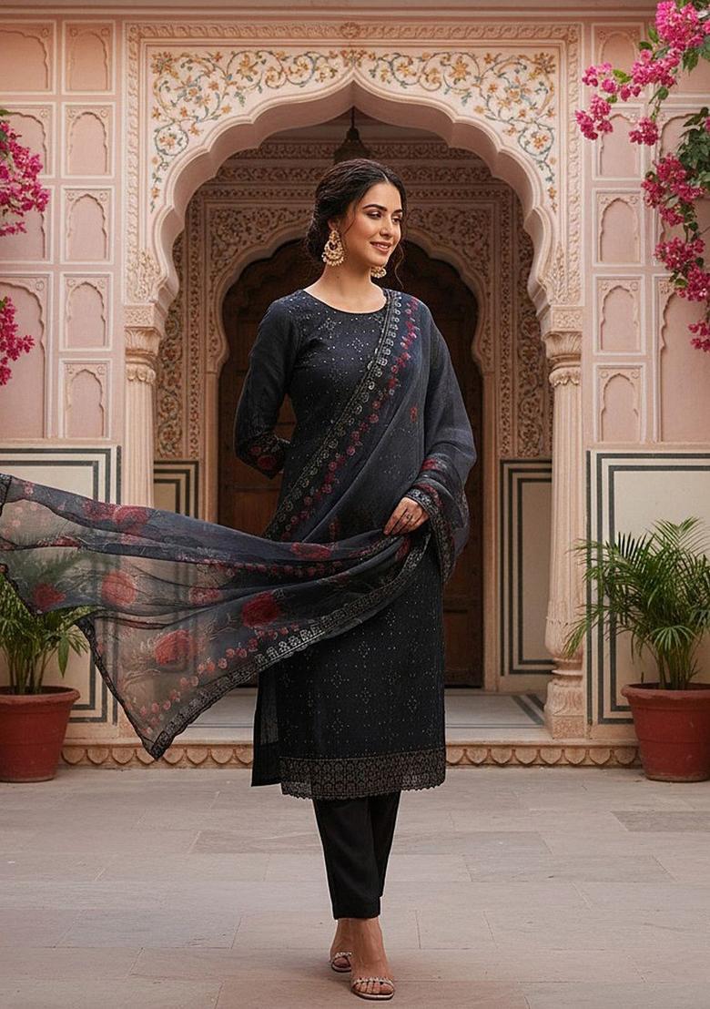 Black Embroidered Organza Kurta Set - Indya
