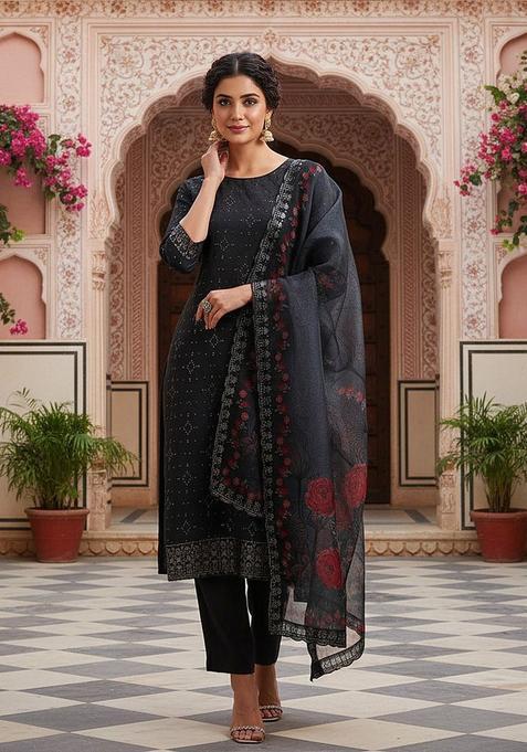 Black Embroidered Organza Kurta Set