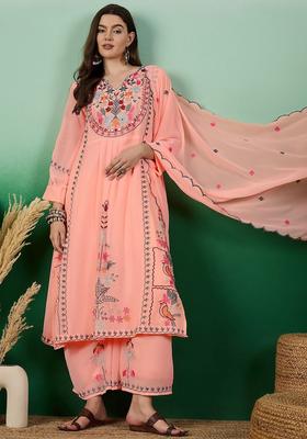 Peach Embroidered Georgette Kurta Set