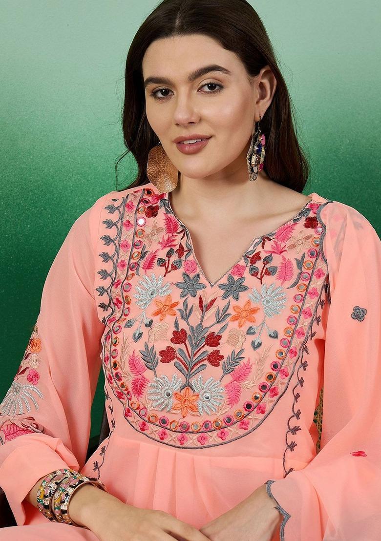 Peach Embroidered Georgette Kurta Set - Indya