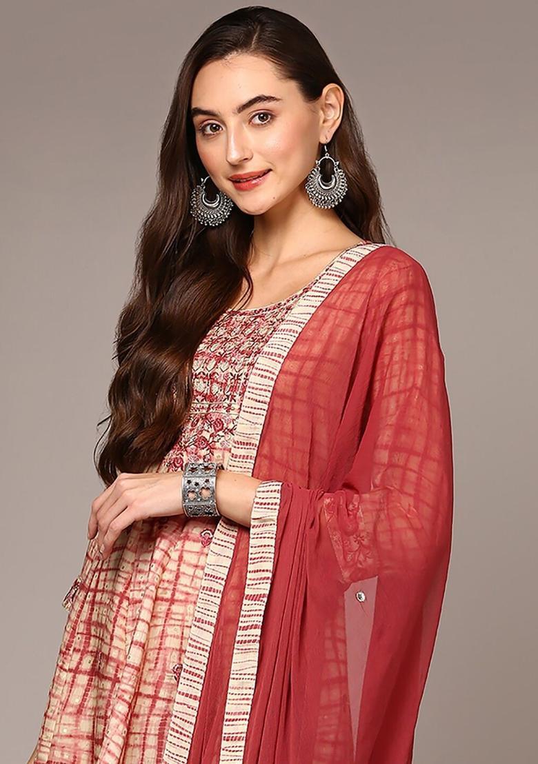 Beige Printed Silk Anarkali Set - Indya