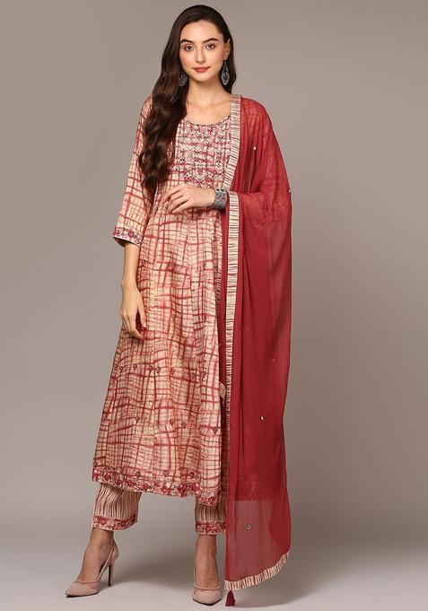 Beige Printed Silk Anarkali Set — view on Indya