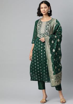 Green Woven Design Cotton Kurta Set
