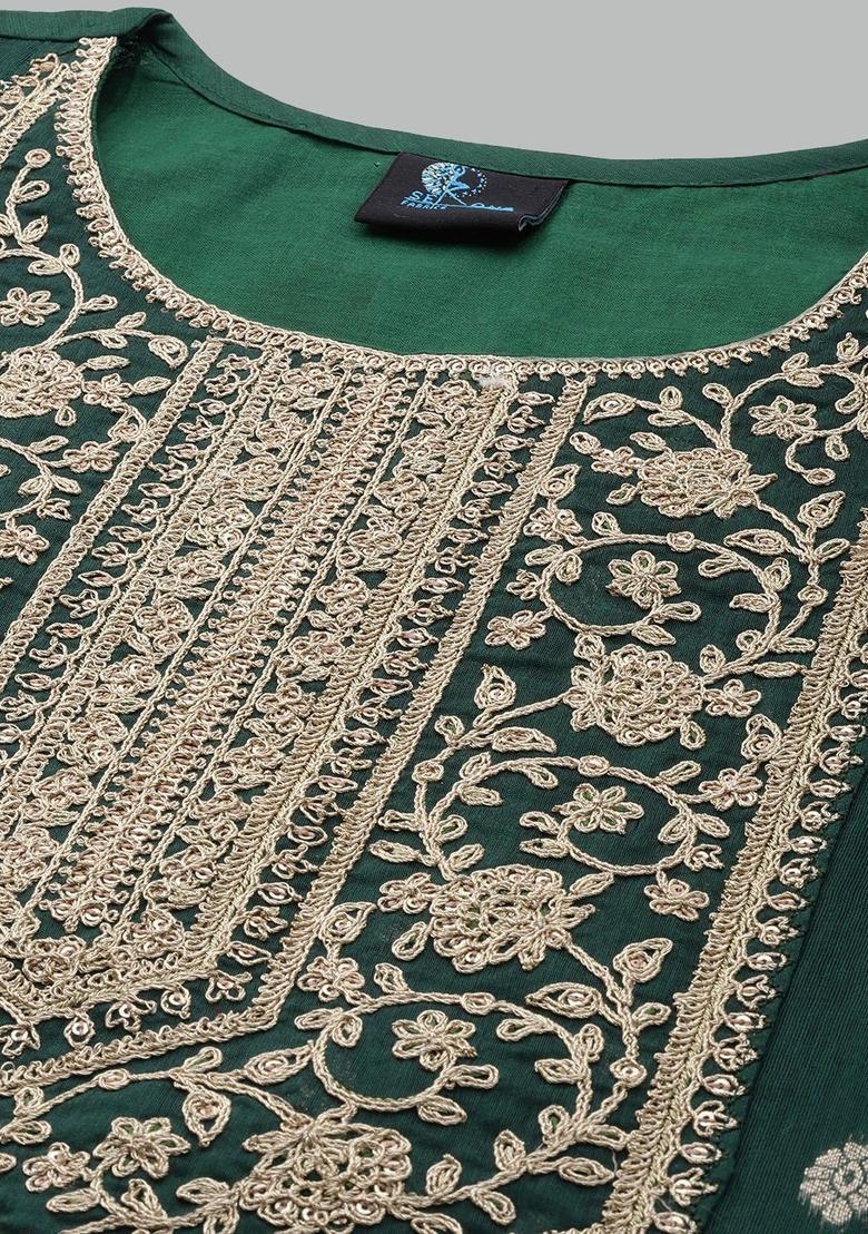 Green Woven Design Cotton Kurta Set - Indya